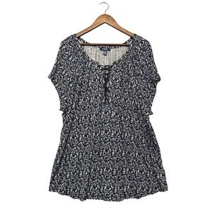 Chaps Tunic Top Womens Plus Size 2X Floral Boho Lace Up V-Neck Short Sleeve